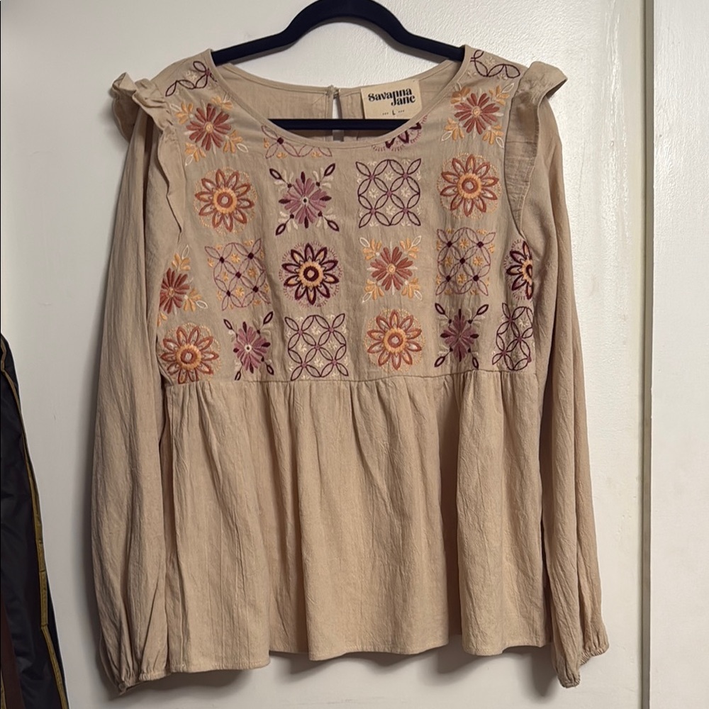 Savanna Jane Tan Ruffled Embellished Peplum Blouse